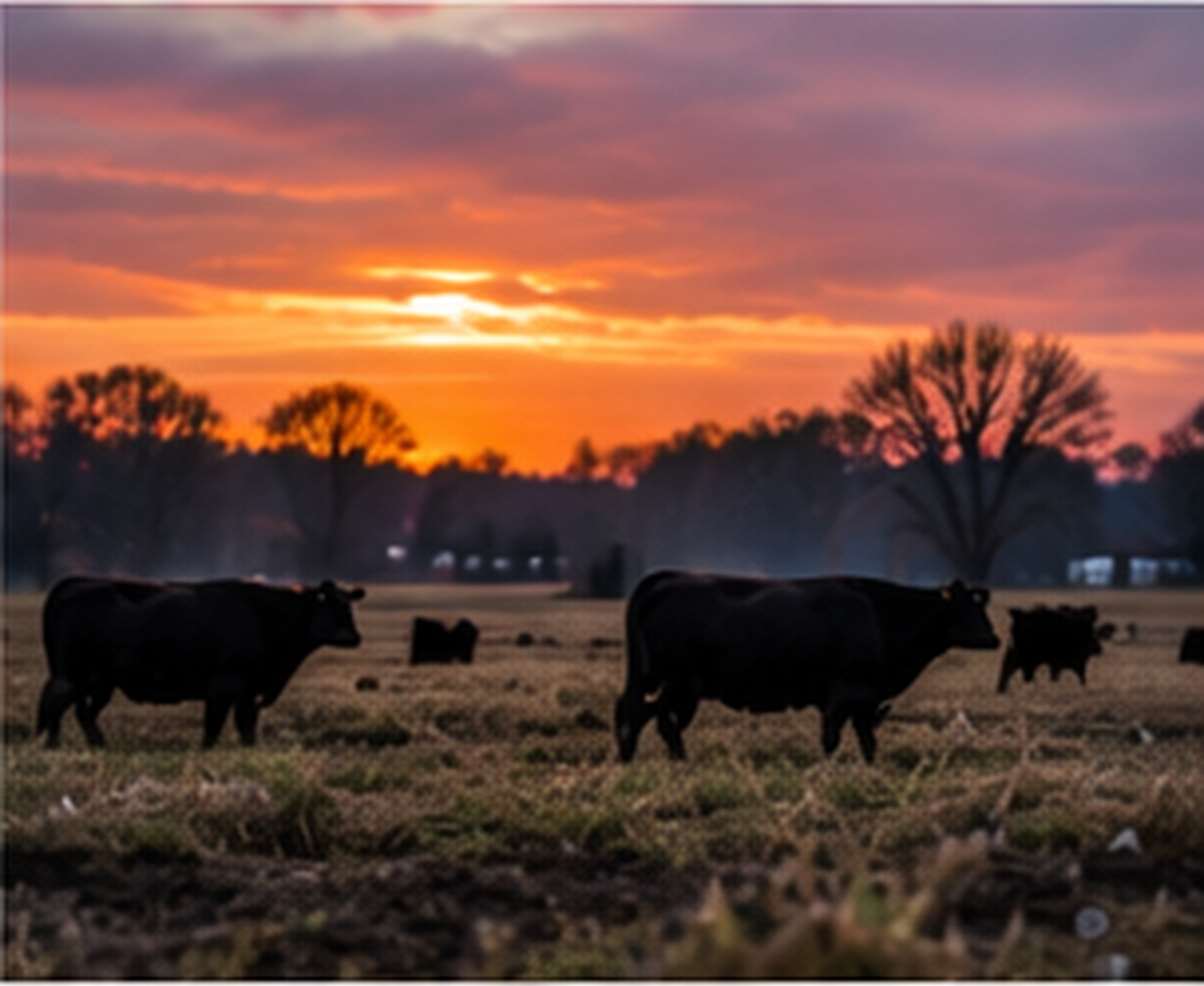 Cows grazing on a field during sunset with colorful sky and trees in the background.