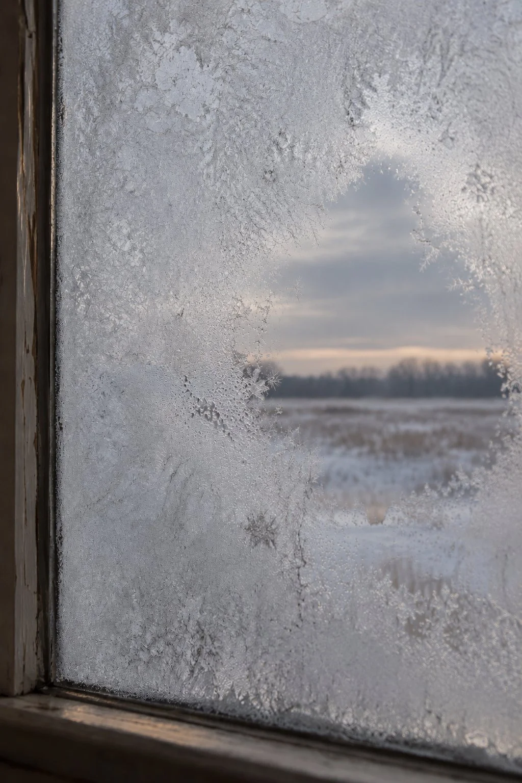 Frosted window with ice crystals and snowflakes, showing a wintery landscape with snow-covered fields and a cloudy sky in the distance.
