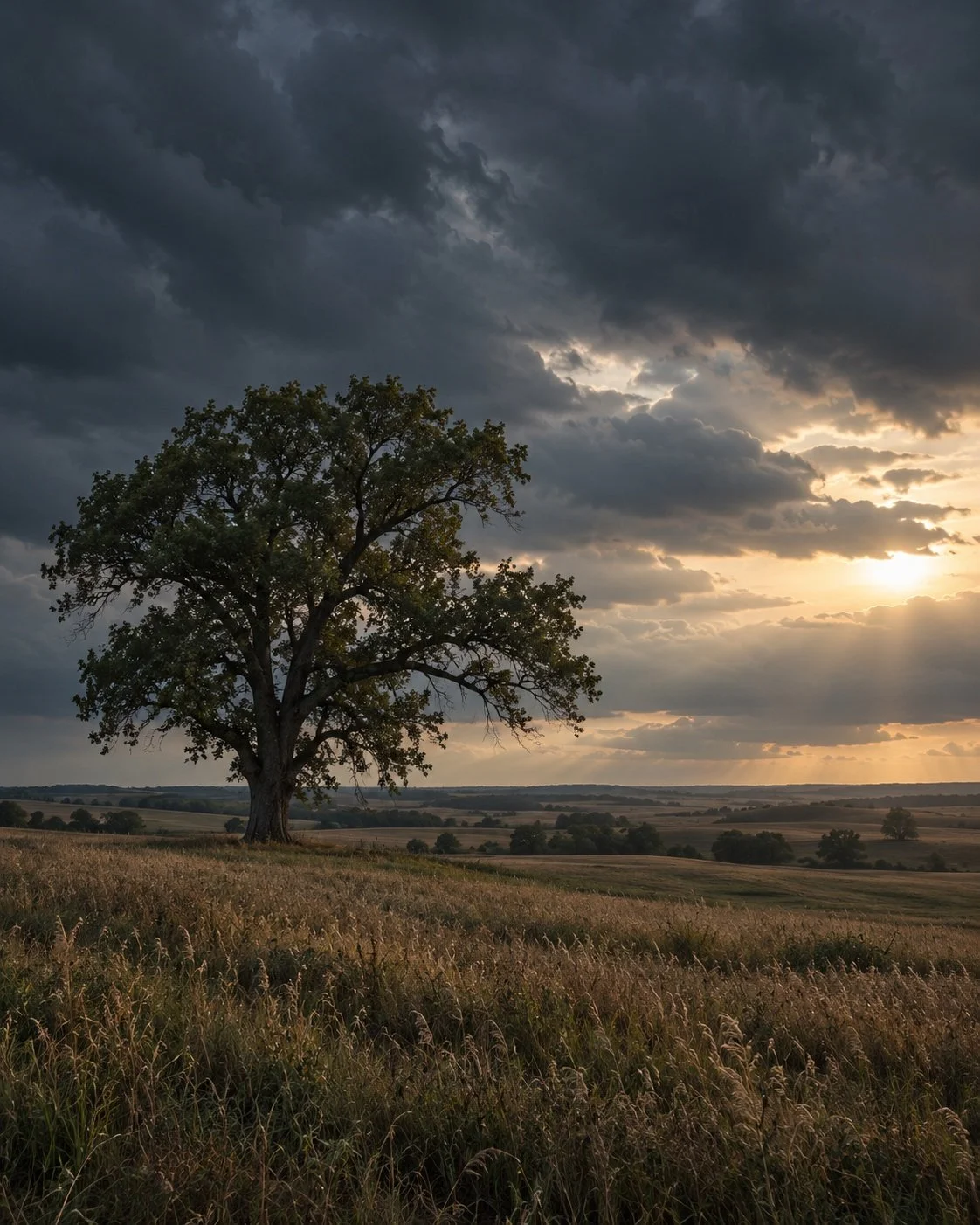 A lone tree in a field under a dramatic cloudy sky with the sun setting or rising in the background.