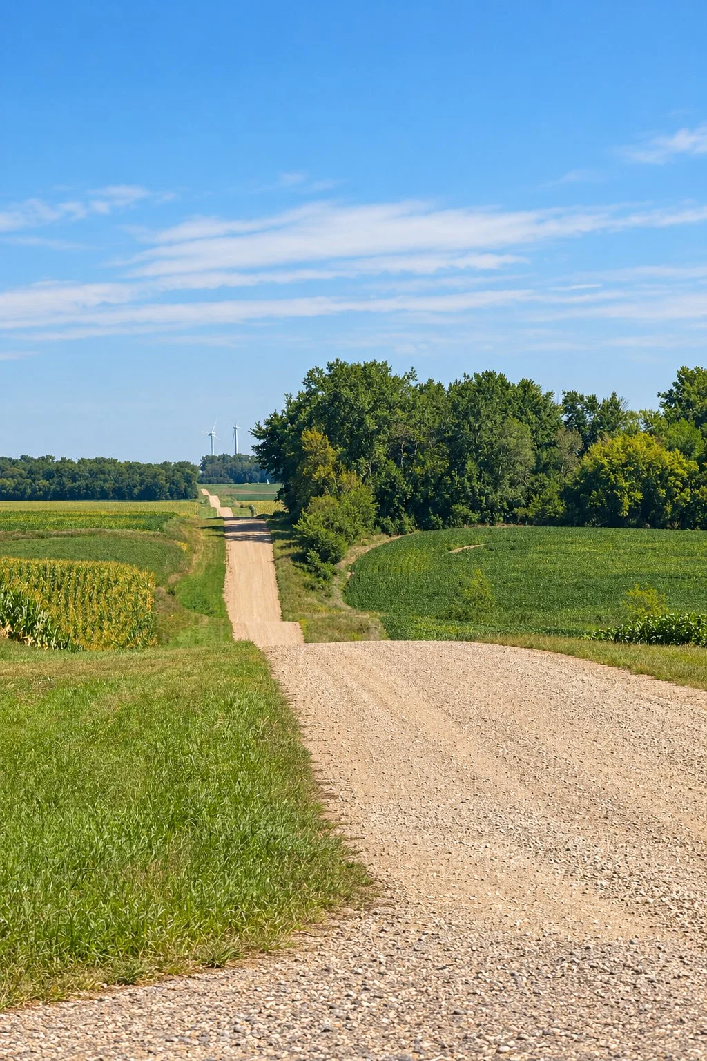 A dirt road runs through a rural landscape with green fields and trees, under a blue sky with some clouds.