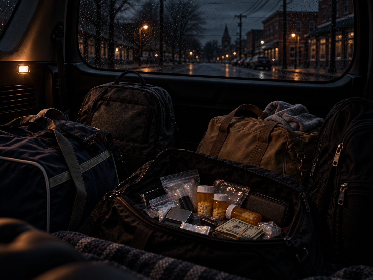 Back of a vehicle with several bags, bottles of pills, cash, and a small wallet inside, on a rainy evening in a town.