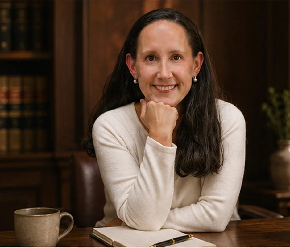 Ginny wears a white sweater and pearl earrings, sitting at a wooden table with a notebook and pen, smiling with her chin resting on her hand, in a room with wooden furniture and a bookshelf in the background.