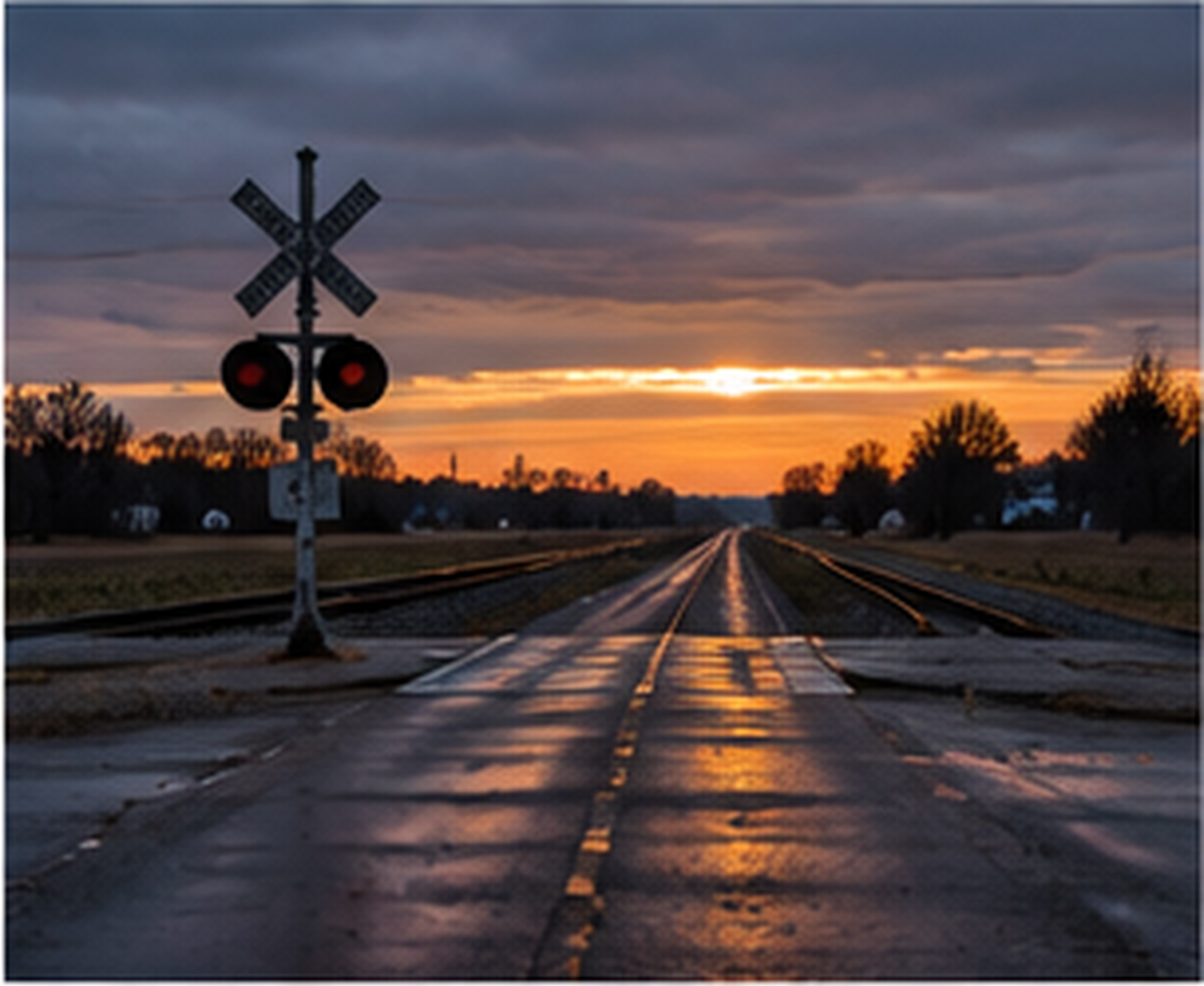 Railroad crossing with flashing warning lights at sunset, with a dark cloudy sky and silhouettes of trees in the background.