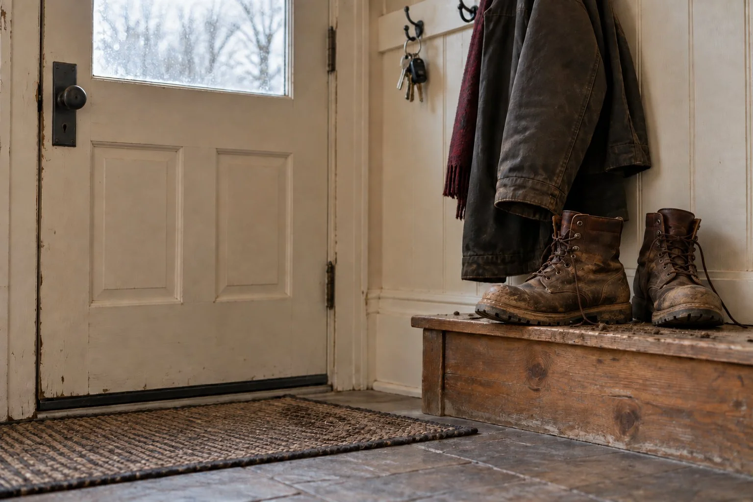 Entryway with a pair of worn brown work boots on a wooden step, hanging coat, and keys on hooks beside a white door with a window showing snow outside.