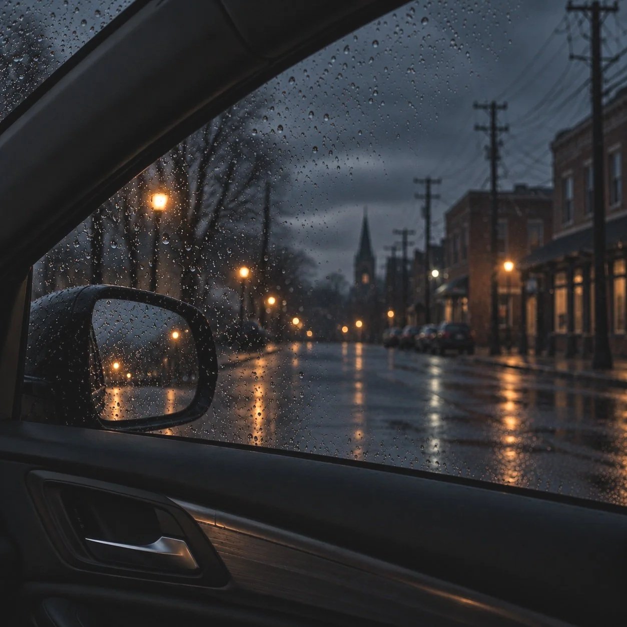 View from inside a car on a rainy evening, showing a wet street with illuminated streetlights, brick buildings, and a church steeple in the distance through a rain-spattered window.
