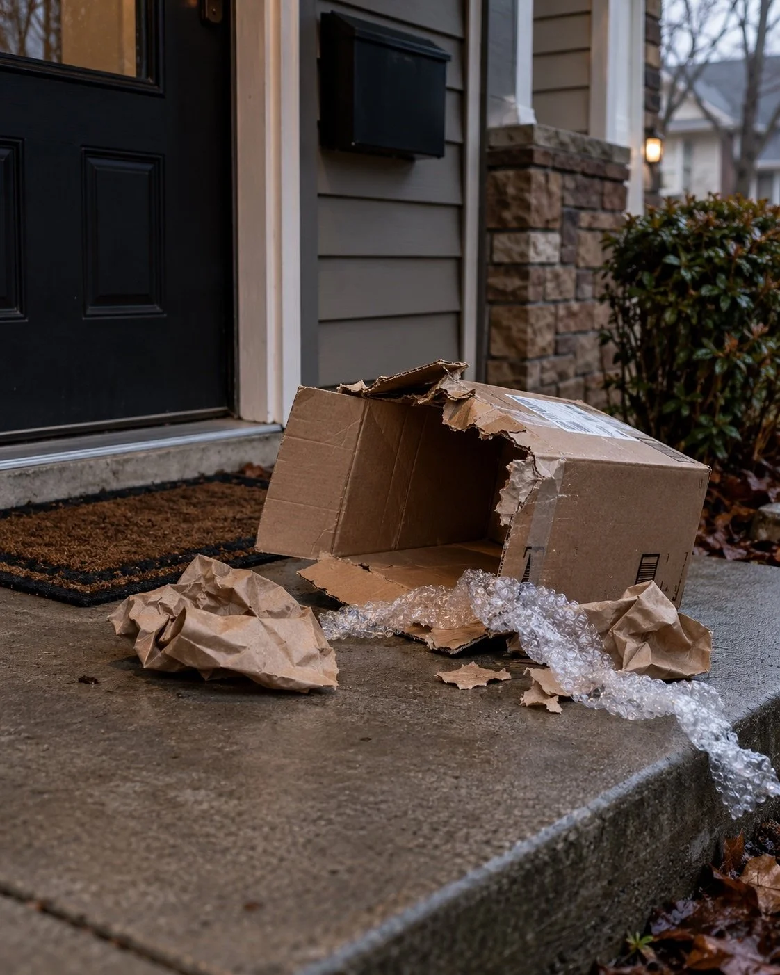 A damaged cardboard box and crumpled paper on a concrete porch next to a black front door with a doormat, a bush, and part of the house exterior visible.