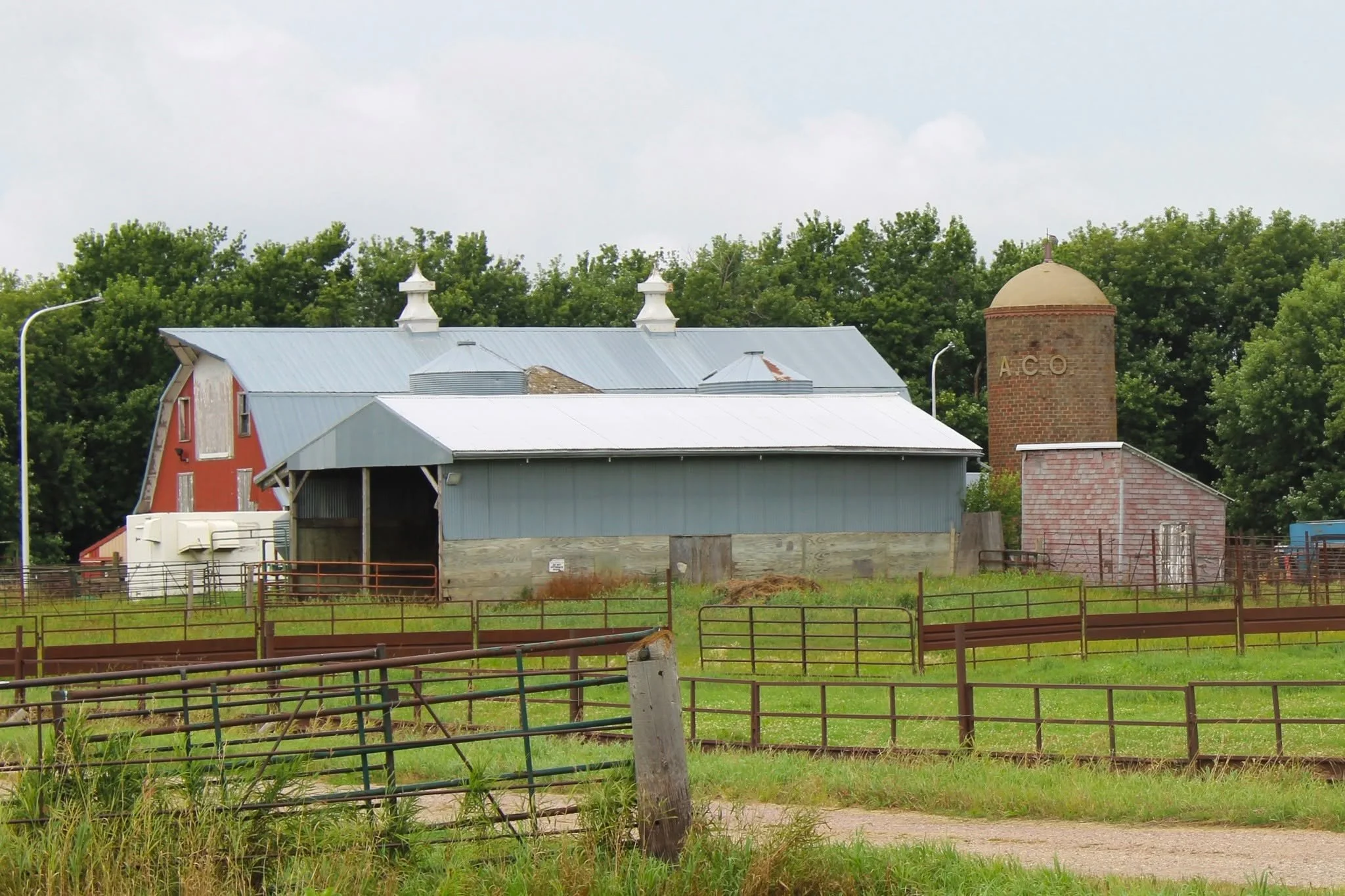 A farm scene with a red barn, metal-roofed buildings, an old silo with the letters 'ACO' on it, green trees in the background, and fenced grassy areas in the foreground.