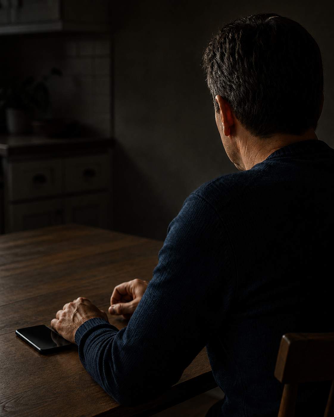 A man sitting at a wooden table, seen from behind, with a smartphone placed on the table in front of him.