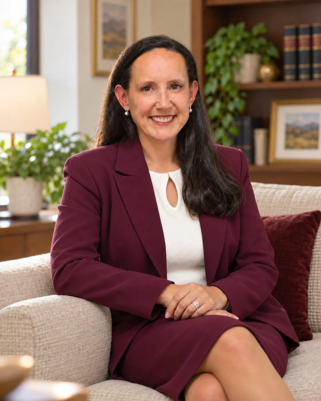 A woman with long dark hair, wearing pearl earrings, a burgundy blazer, and a white blouse, sitting on a beige sofa in a cozy room with bookshelves, framed pictures, and plants.