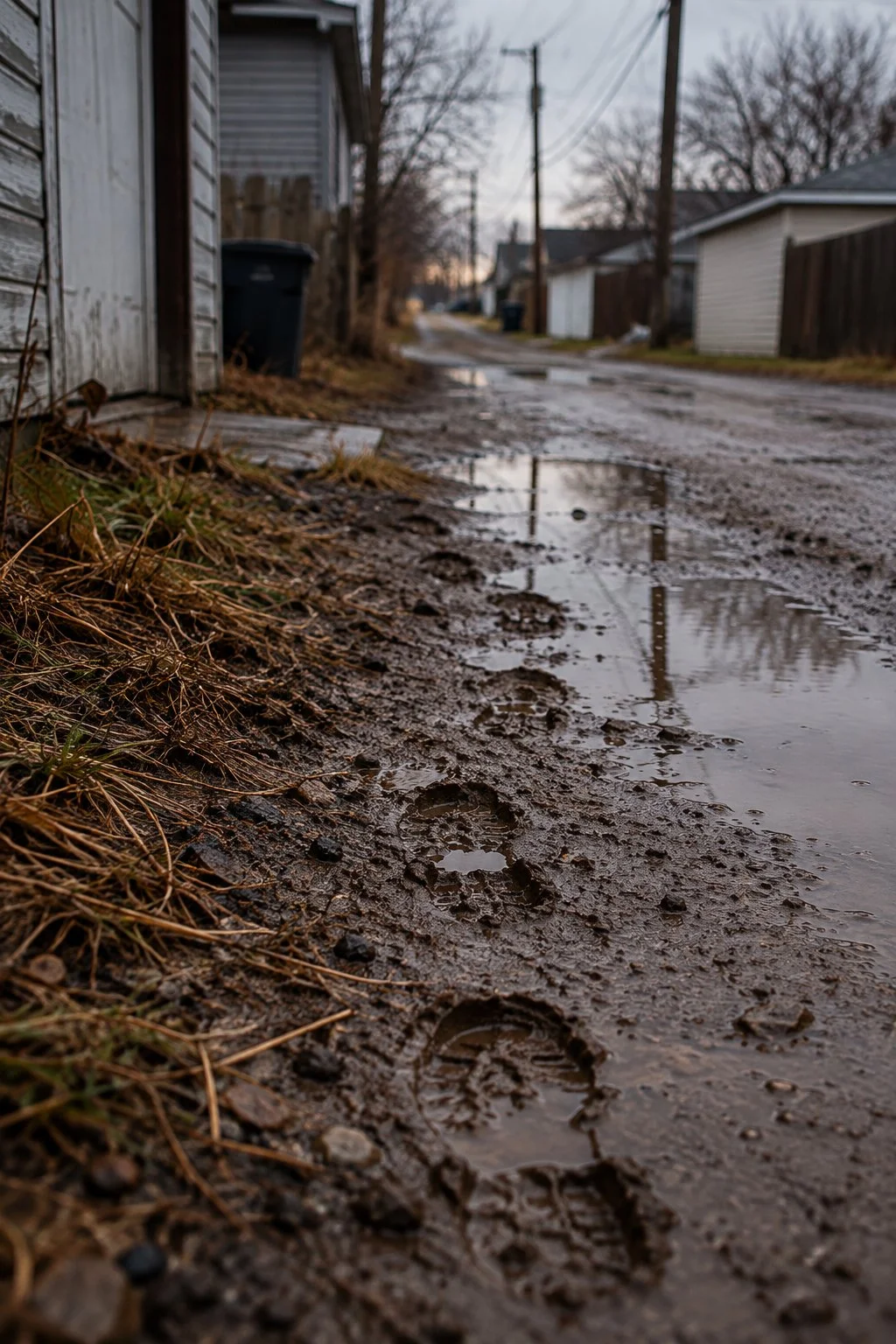 Damp, muddy alleyway with scattered footprints and puddles, lined with houses, utility poles, and leafless trees in a residential neighborhood.