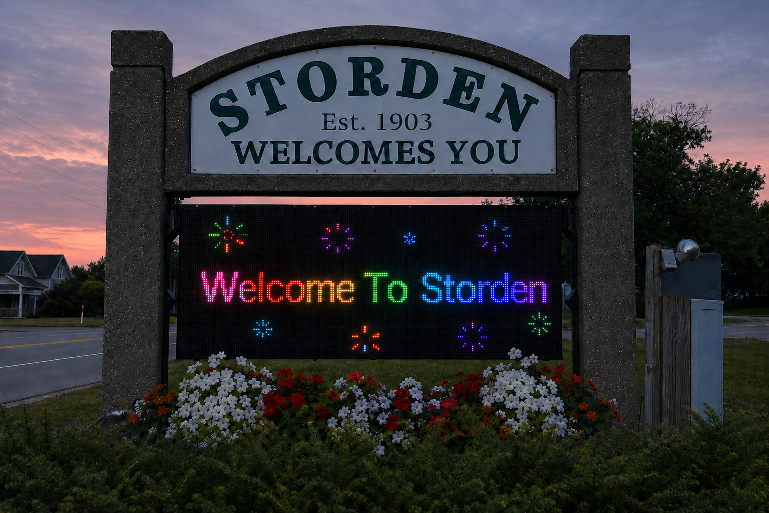 A sign in Storden welcoming visitors, with an electronic display below that says "Welcome To Storden" in colorful lights, surrounded by flowers at sunset.