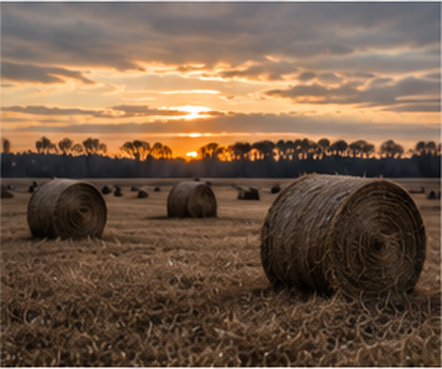 A field with hay bales during sunset, with a line of trees in the background and a cloudy sky.