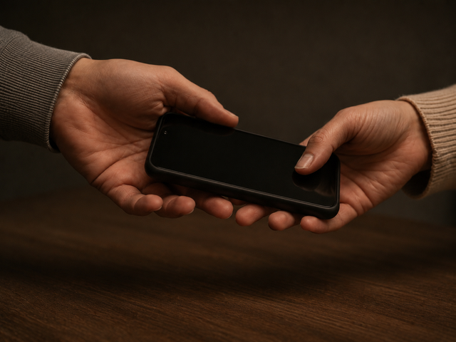 One person handing a smartphone to another person over a wooden table.