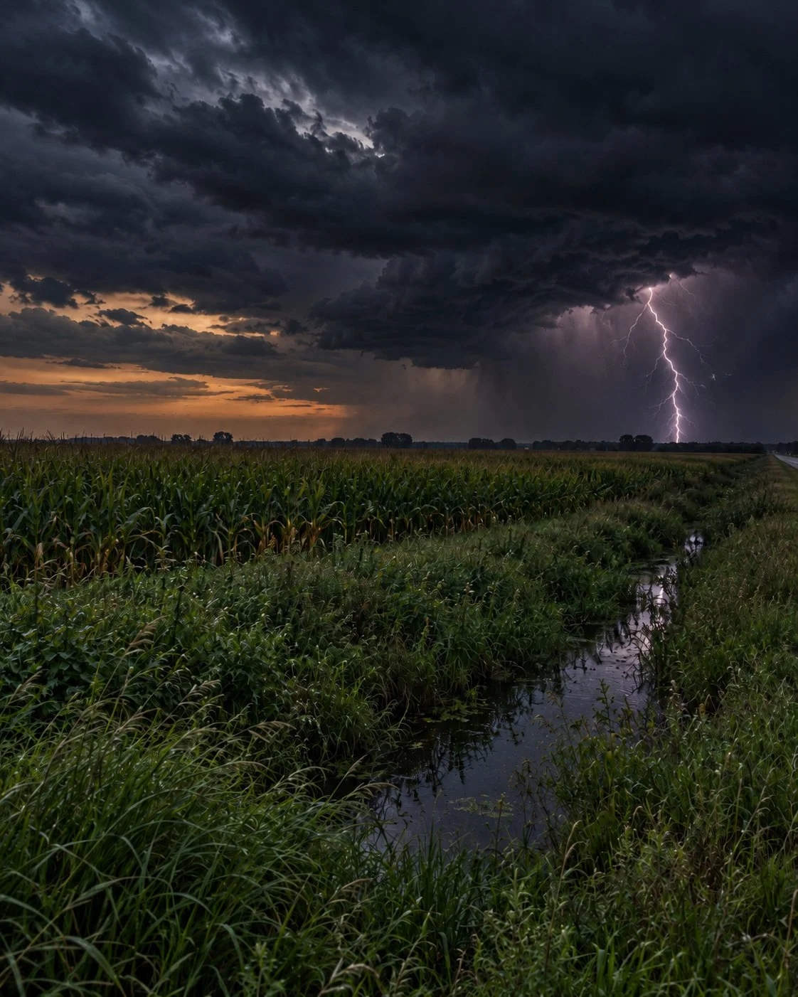 Dark stormy sky with lightning over a green agricultural field and a small creek.