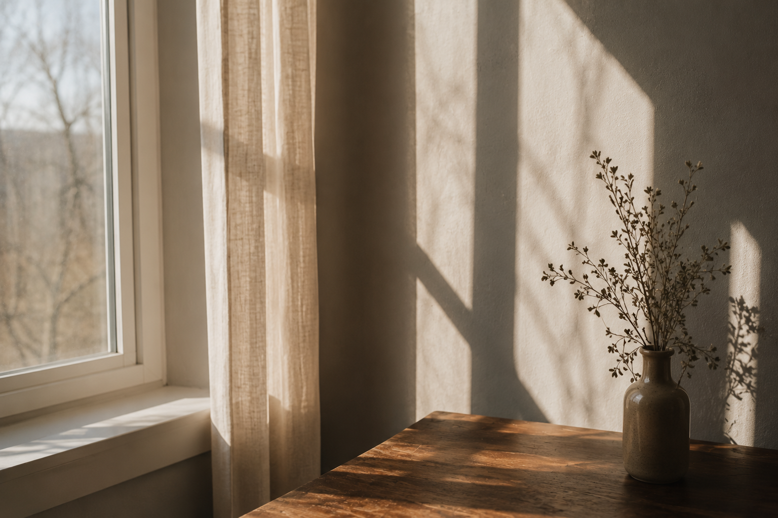 Sunlight filtering through a window with sheer curtains, casting shadows on the wall and table with a vase holding dried branches.