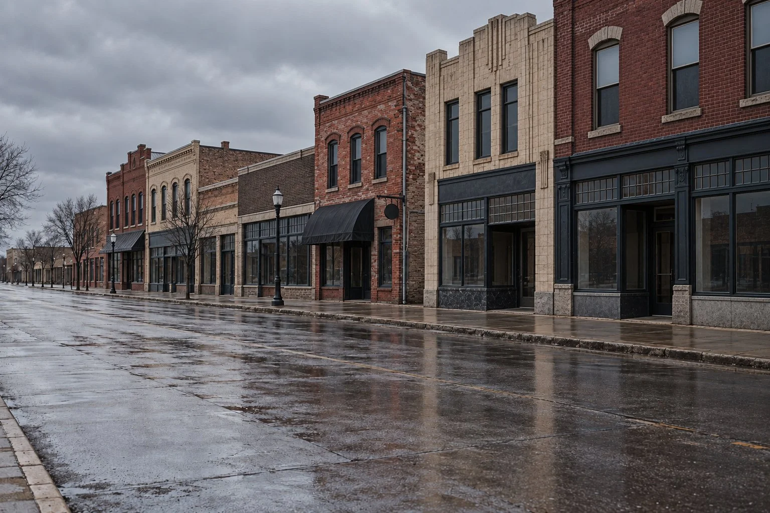 Empty wet street in small town with historic brick storefronts and lampposts on a cloudy day.