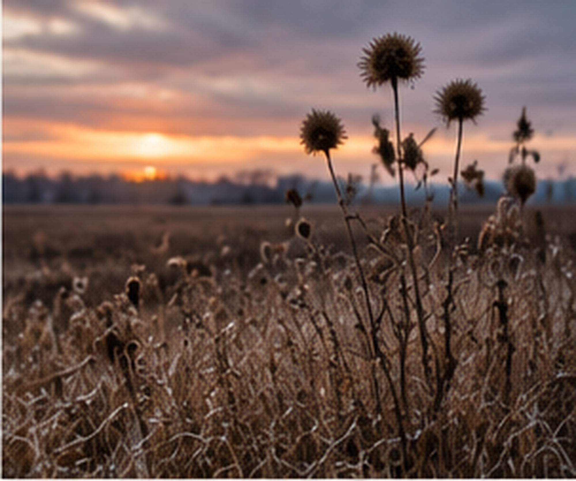 Close-up of dried, shriveled plants with seed heads silhouetted against a sunset with a colorful, partly cloudy sky.