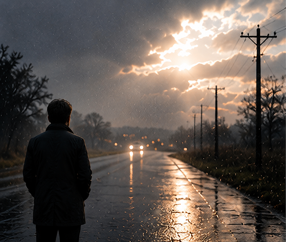 A person standing alone on a wet road during a rainstorm at sunset, looking towards the distant headlights of cars.