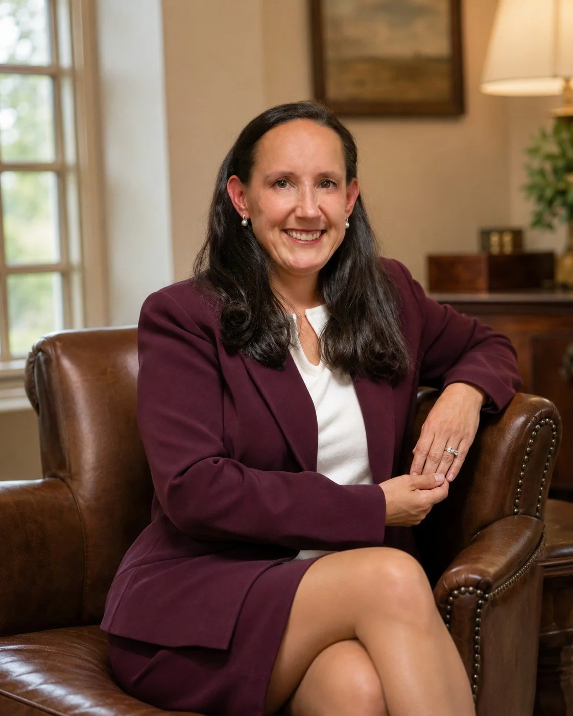 A professional woman with dark hair and pearl earrings, smiling while sitting on a leather armchair in a warmly-lit room with a window and wooden furniture.