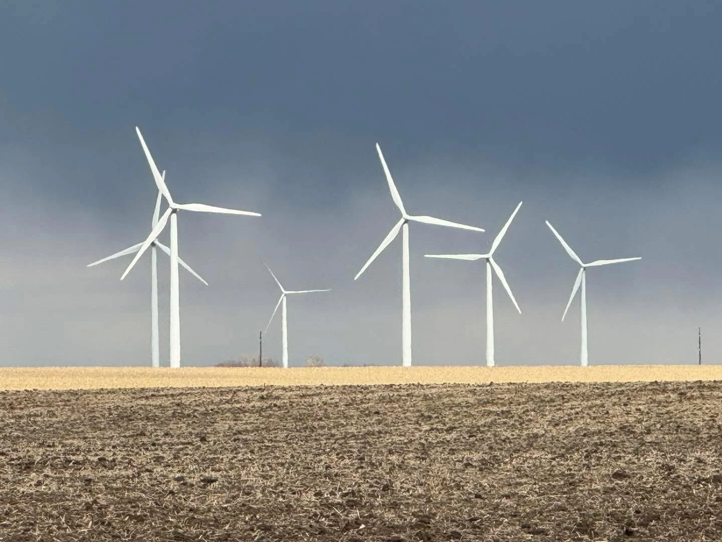 Wind turbines in a a field under cloudy sky.