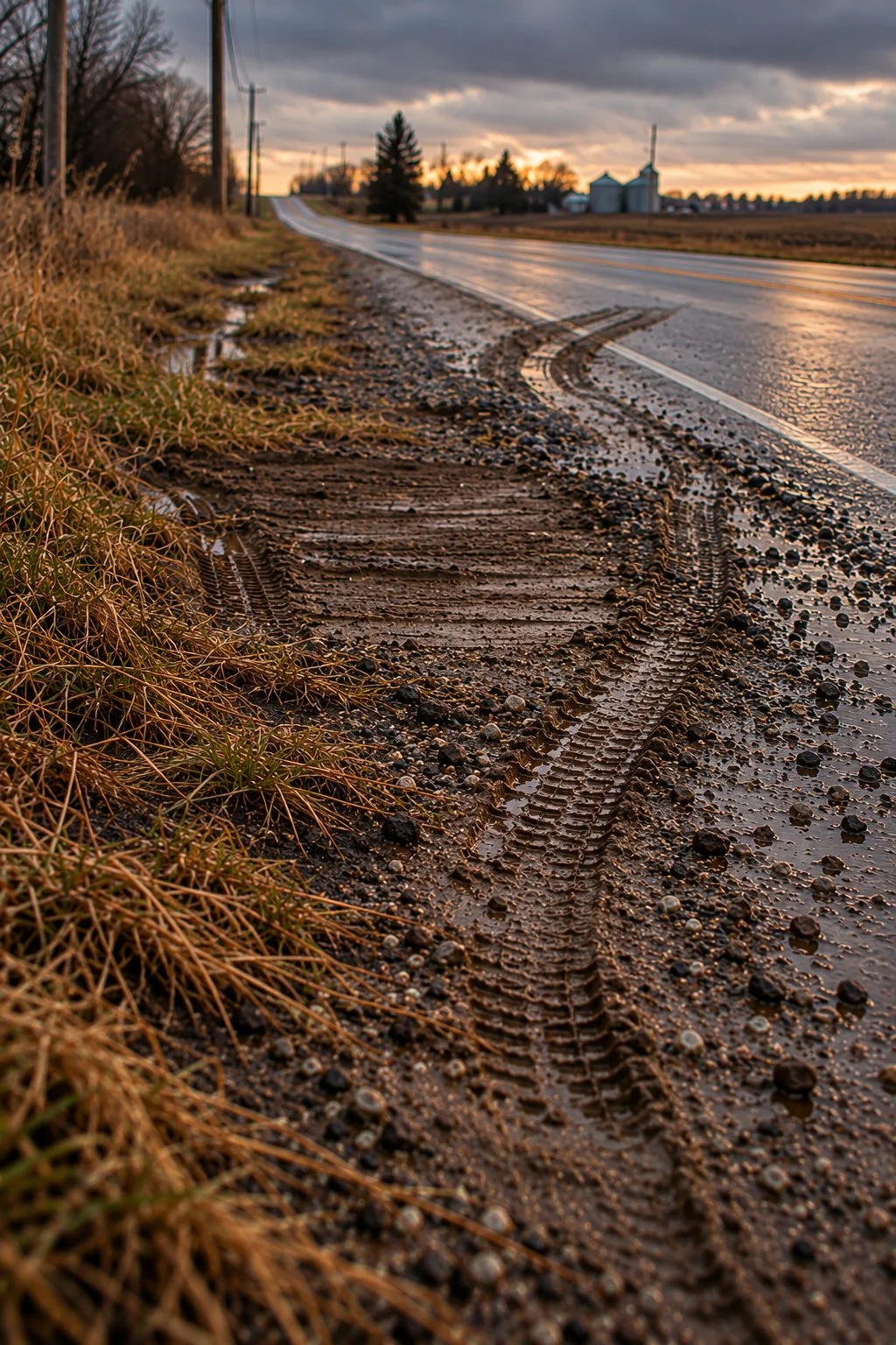 Tire tracks in muddy shoulder beside wet road with scattered pebbles, sunset sky with dark clouds, and farm buildings in distance.
