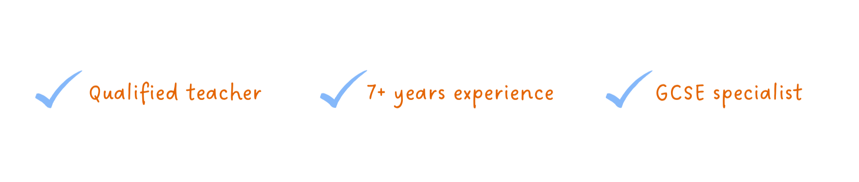 Infographic indicating a qualified teacher with over 7 years of experience who is a GCSE specialist, represented with check marks.
