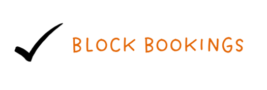 Text reading 'BLOCK BOOKINGS' with a black background.