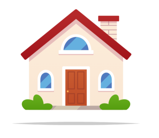Illustration of a house with a red roof, white walls, blue windows, a brown front door, and green bushes in front.