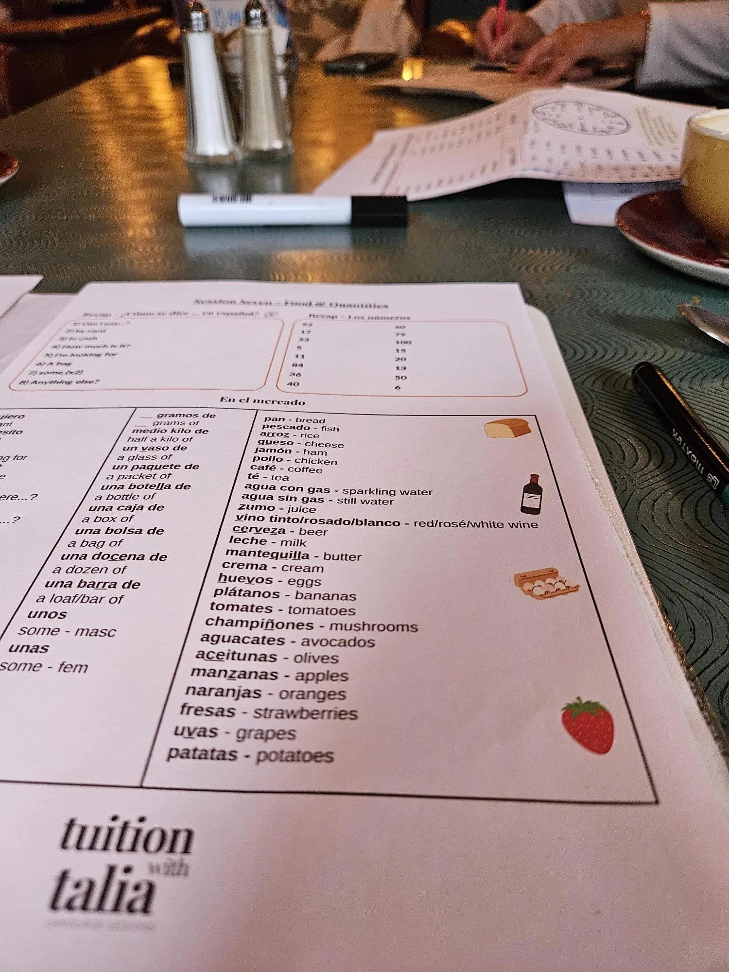 A printed Spanish-English food menu with a list of various items and their translations, including bread, rice, cheese, ham, chicken, coffee, eggs, bananas, strawberries, grapes, and potatoes. The menu is on a green table with salt and pepper shakers, a marker, and some drinks and papers nearby.