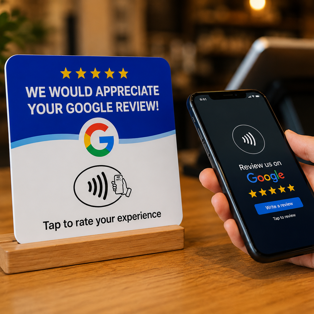 A sign requesting Google reviews with a five-star graphic and a hand holding a smartphone displaying a Google review screen. The sign has a colorful Google logo, a NFC contactless icon, and text inviting customers to rate their experience.