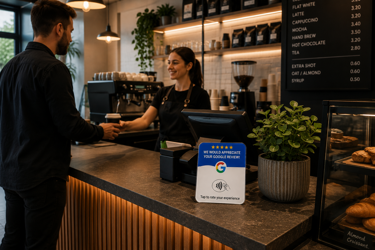 Customer receiving coffee from barista at a modern coffee shop counter with menu board, plants, and baked goods display.