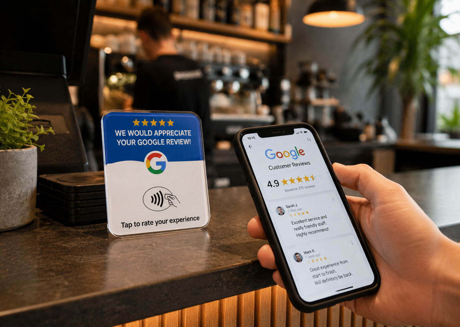 Person holding a smartphone displaying Google customer reviews in a café. In the background, there is a barista working behind the counter. A sign on the counter requests Google reviews and explains how to rate the experience.