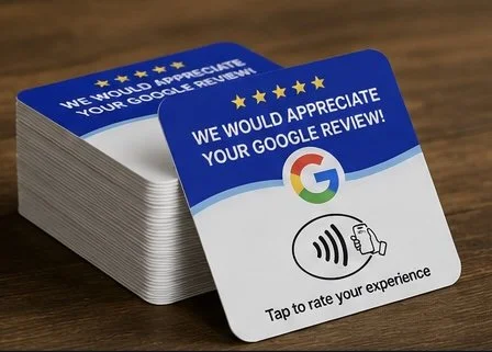 Stack of Google review request cards with the message 'We would appreciate your Google review!' and a star rating graphic.