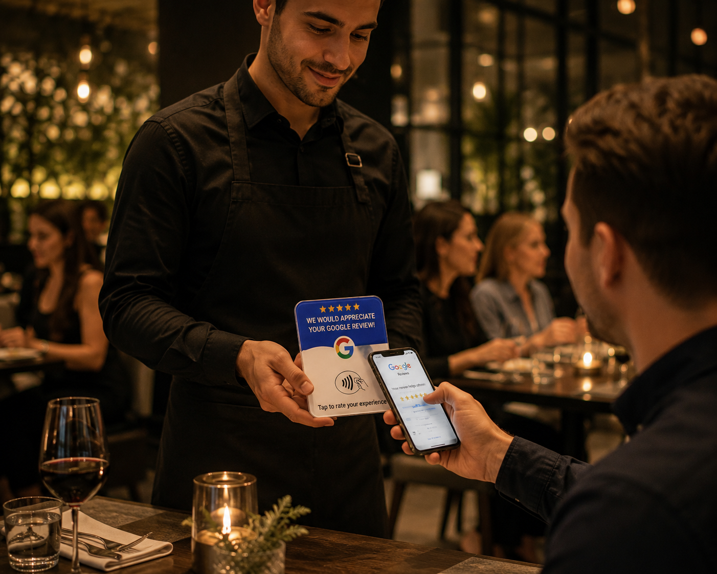 A restaurant server holding a sign requesting Google reviews, while a customer taps their phone to rate their experience, in a warmly lit dining setting with other patrons in the background.