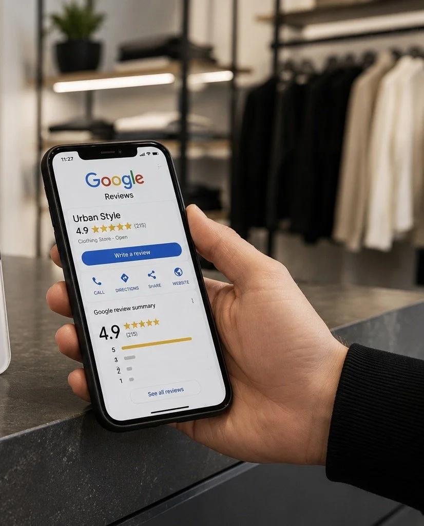 Person holding a smartphone displaying Google reviews for Urban Style, a clothing store, with a 4.9-star rating from 215 reviews, in a retail store with clothing racks in the background.
