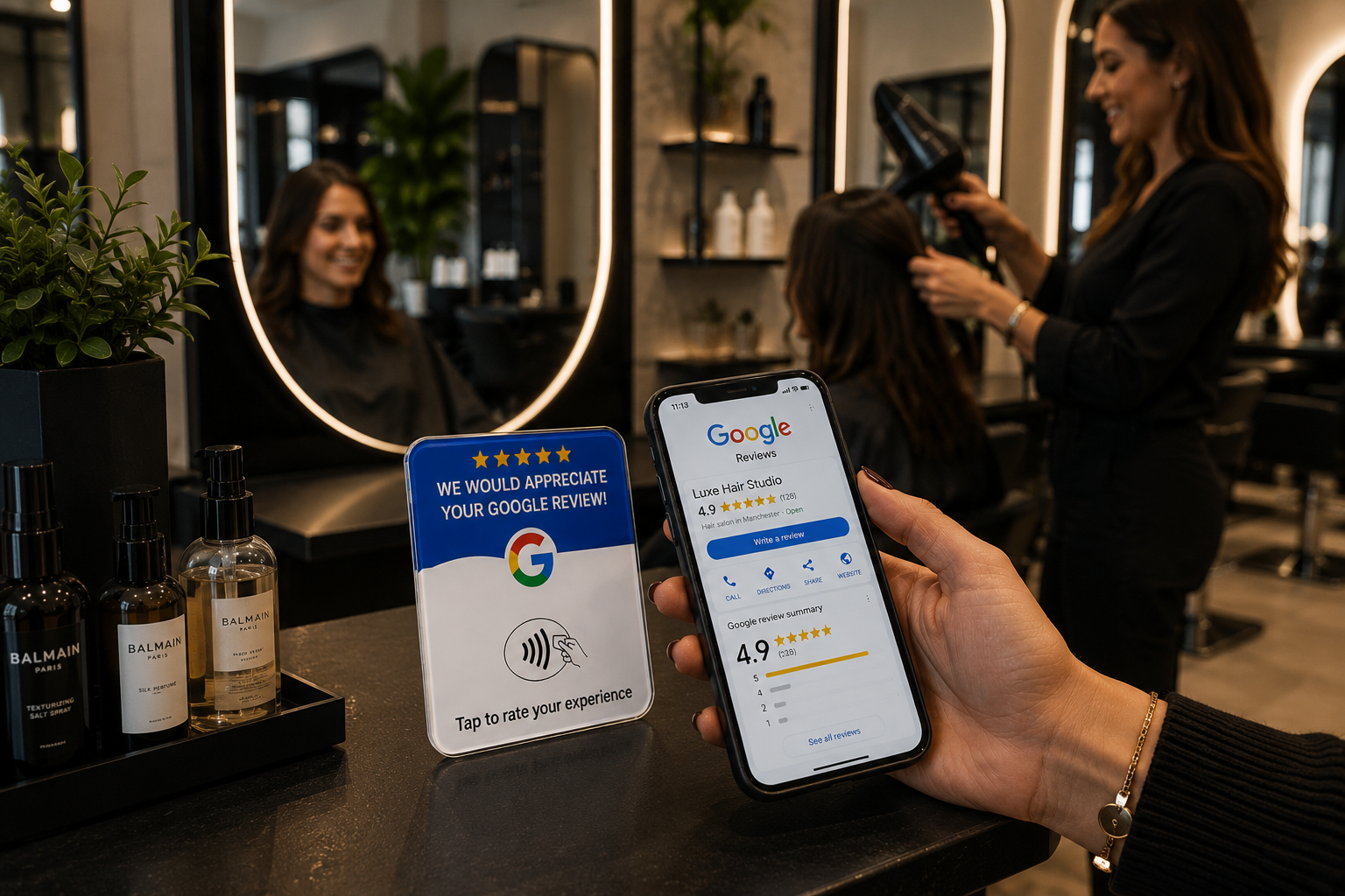 A woman at a hair salon is holding a smartphone displaying a 4.9-star Google review for Luxe Hair Studio, while a hairstylist blows dry a female client’s hair. In the foreground, a sign encourages customers to rate their experience on Google.