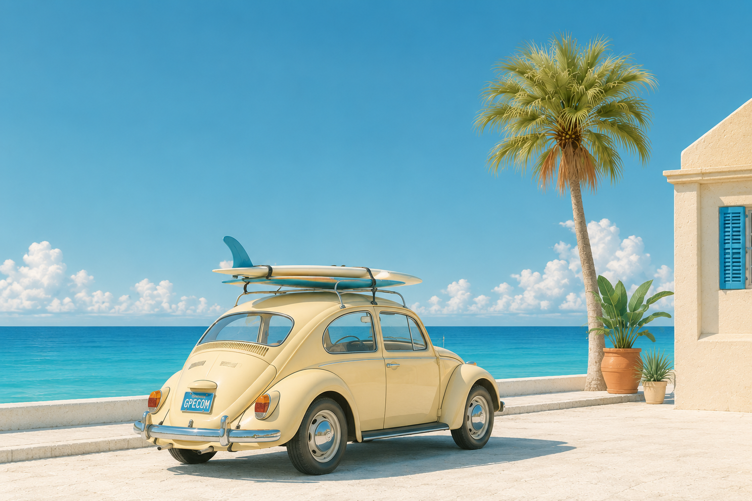 A vintage yellow car with a surfboard on top parked by the beach under a clear blue sky, with a palm tree and a building with blue shutters nearby.