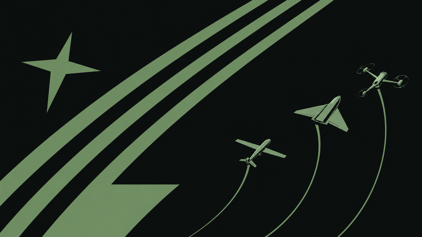 Digital illustration of four different types of aircraft flying along curved green flight paths over a black background with green star and lines.