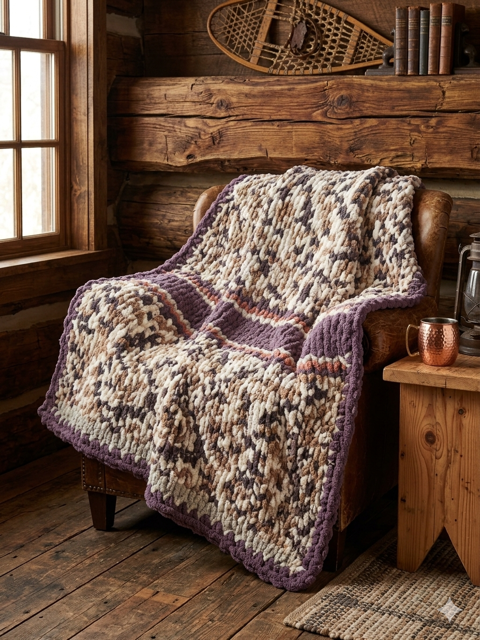A cozy, multicolored quilt draped over a leather armchair in a rustic cabin interior with wooden walls and floors.