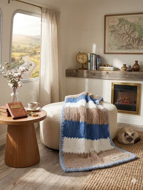 Cozy living room with a cream-colored armchair, a striped knitted blanket, a small round wooden side table with a book, cup, and flowers, a window showing a scenic landscape, a fireplace, and a cat lying on the rug.