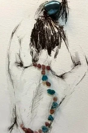 crystal artwork on a canvas, back of lady