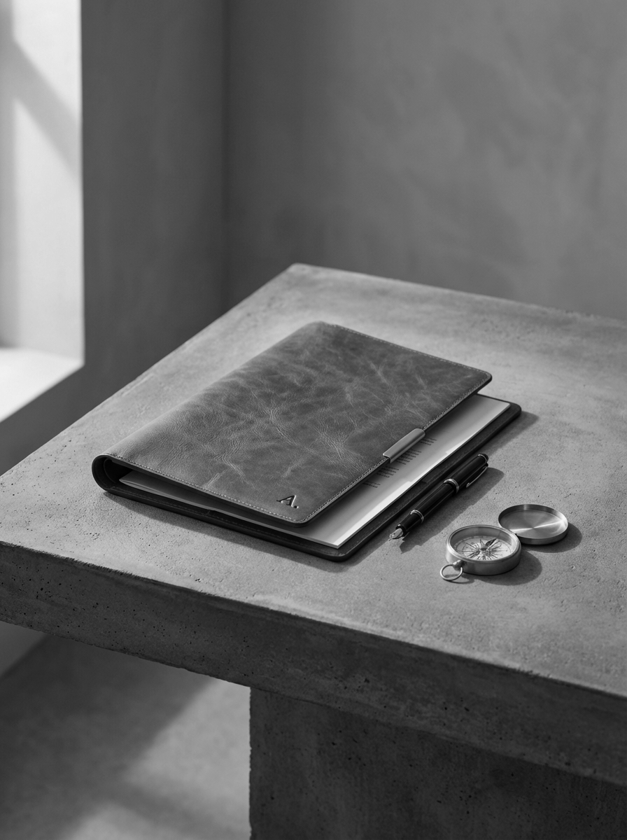A concrete table with a gray leather portfolio, a notebook, a pen, and a compass on it.