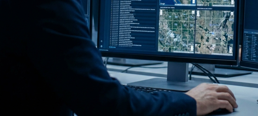 A person working at a computer with multiple monitors displaying maps, data, and information.