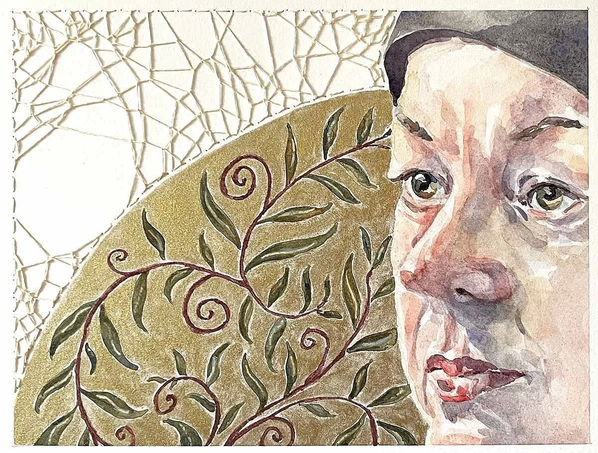HEARTH MOON ・Watercolor & knotless netting on paper, 6 x 8 in., 2025
