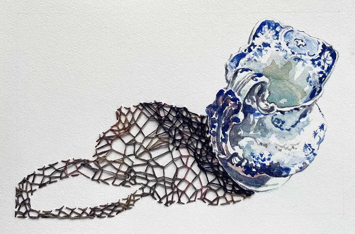 MEMORY VESSEL ・Watercolor & knotless netting on paper, 5x8in., 2025