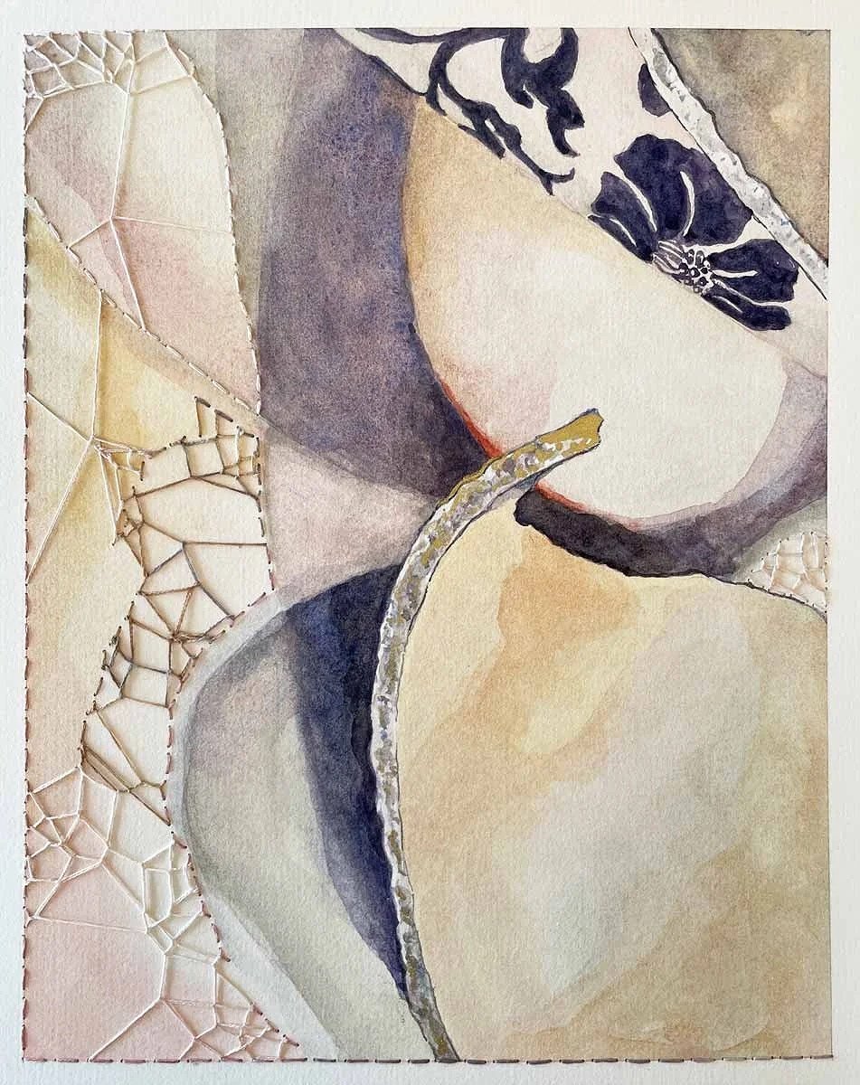 BROKEN SHADOWS ・Watercolor & knotless netting on paper, 9x7in., 2025