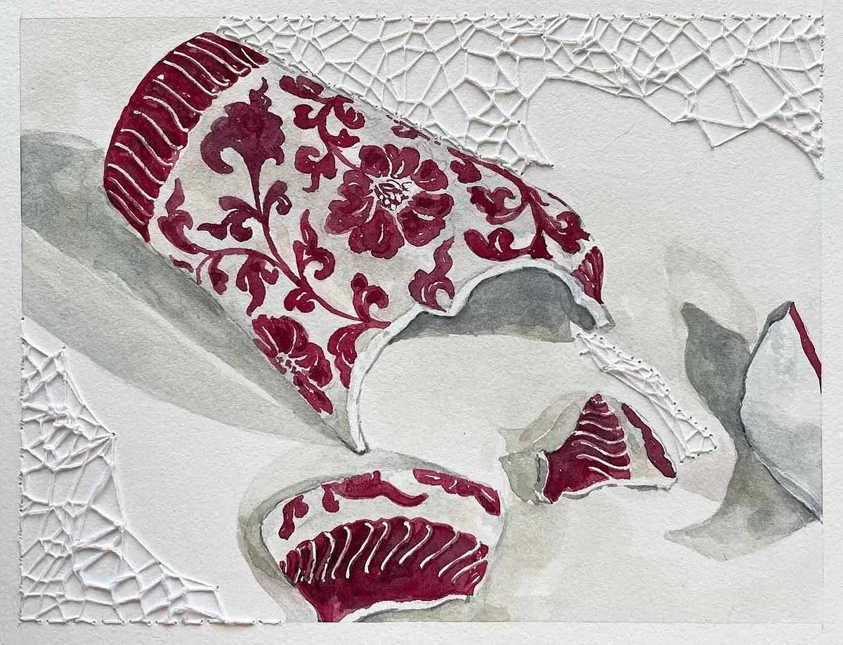 THE FUTILITY OF MENDING SPACE ・Watercolor & knotless netting on paper, 6x8in., 2025