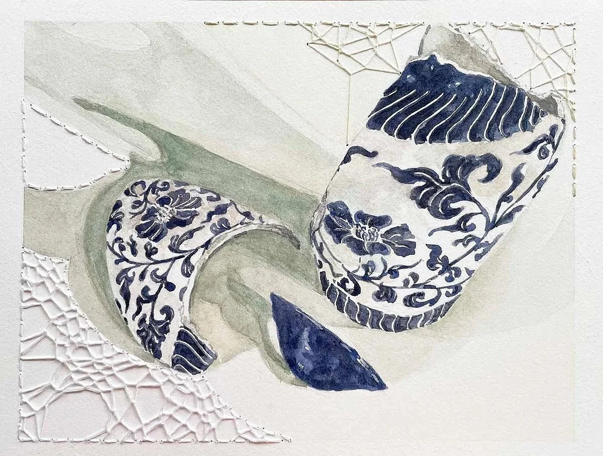 FRAGMENTS OF WHAT WAS ・Watercolor & knotless netting on paper, 6x8in., 2025
