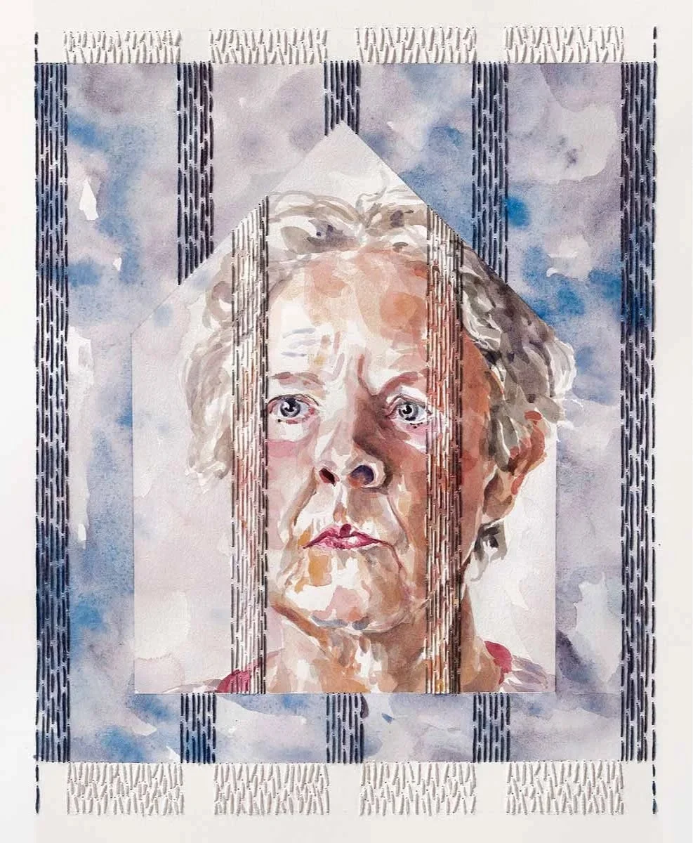 CAGED AGAIN ・Watercolor & stitching on paper, 12x9.5in., 2022