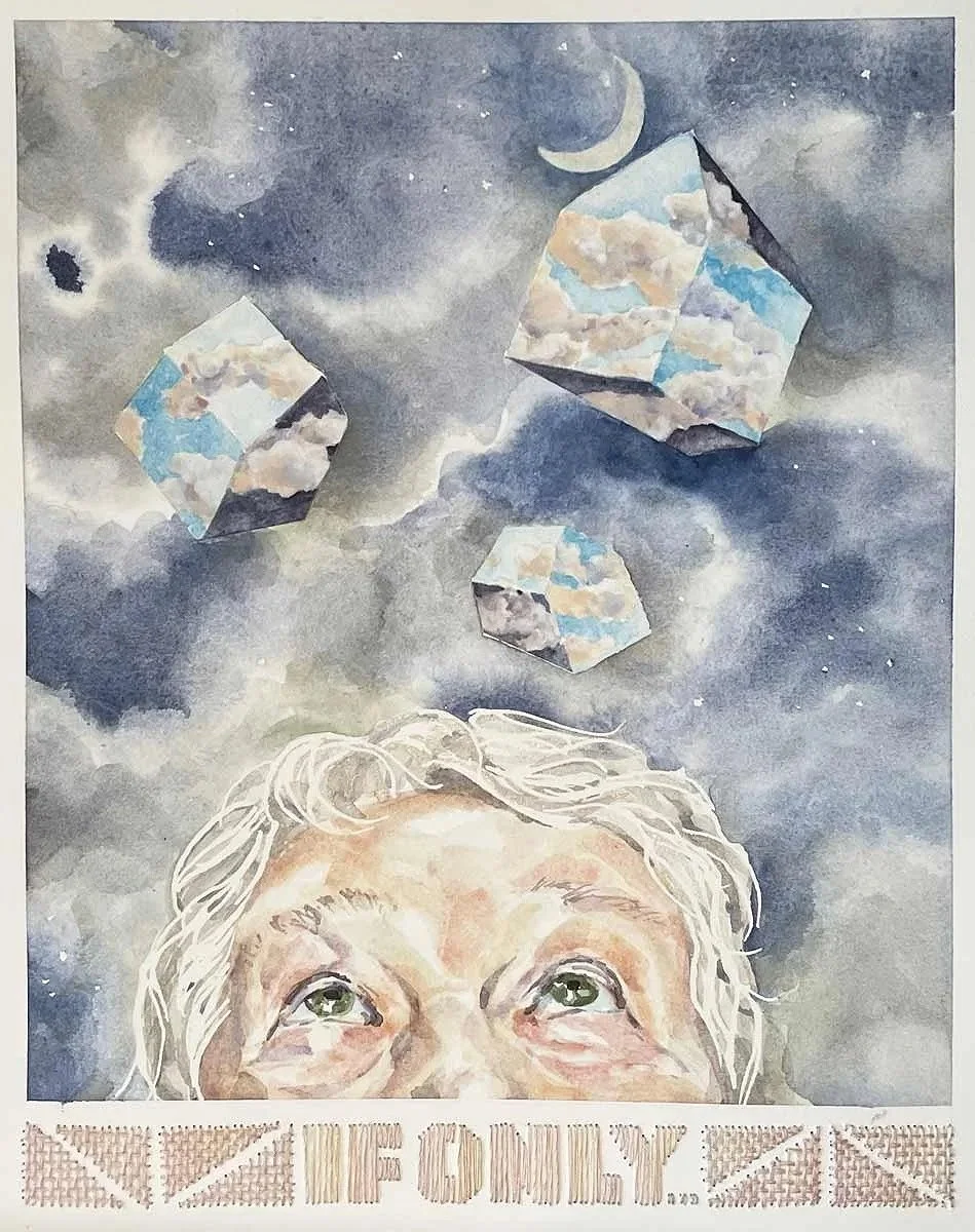 IF ONLY ・Watercolor, pastel & stitching on paper, 12x9in., 2024